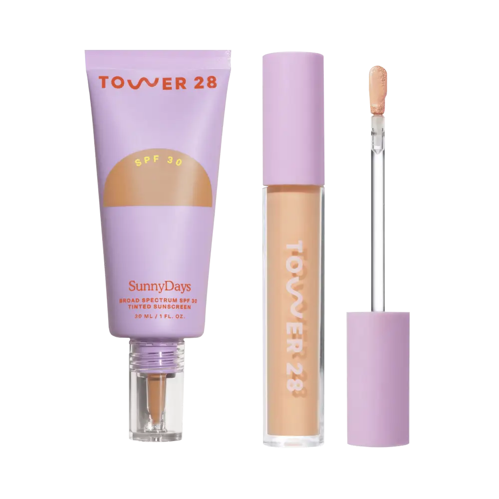 [Shared: Tower 28's Everyday Base-ics Set includes SunnyDays™ SPF 30 provides light-medium buildable coverage and UV protection, as well as Swipe Serum Concealer covers dark circles, redness, and blemishes with a skin-like natural finish.]