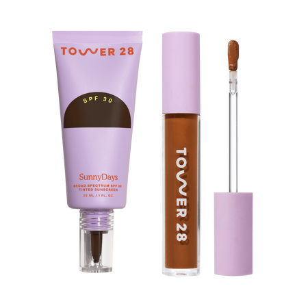 [Shared: Tower 28's Everyday Base-ics Set includes SunnyDays™ SPF 30 provides light-medium buildable coverage and UV protection, as well as Swipe Serum Concealer covers dark circles, redness, and blemishes with a skin-like natural finish.]