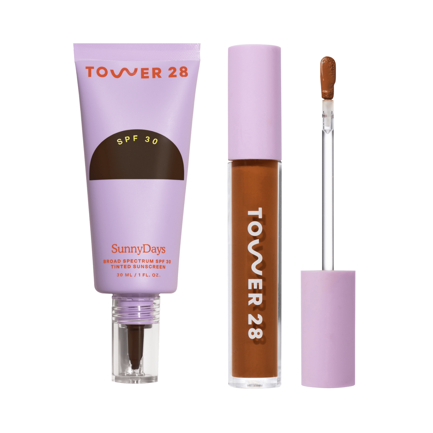 [Shared: Tower 28's Everyday Base-ics Set includes SunnyDays™ SPF 30 provides light-medium buildable coverage and UV protection, as well as Swipe Serum Concealer covers dark circles, redness, and blemishes with a skin-like natural finish.]