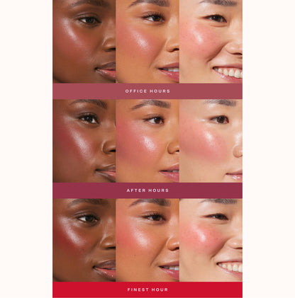 [Shared: A collage showing each of Tower 28 Beauty BeachPlease Cream Blush in Office Hours, After Hours, adn Finest Hour on three different models with light, medium, and deep skin tones.]