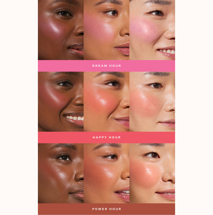 [Shared: A collage showing each of Tower 28 Beauty BeachPlease Cream Blush in Dream Hour, Happy Hour, and Power Hour on three different models with light, medium, and deep skin tones.]