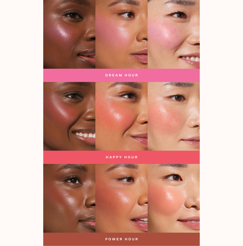 [Shared: A collage showing each of Tower 28 Beauty BeachPlease Cream Blush in Dream Hour, Happy Hour, and Power Hour on three different models with light, medium, and deep skin tones.