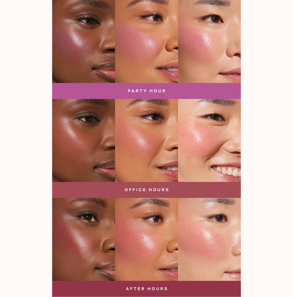 [Shared: A collage showing each of Tower 28 Beauty BeachPlease Cream Blush in Party Hour, Office Hours, and After Hours on three different models with light, medium, and deep skin tones.