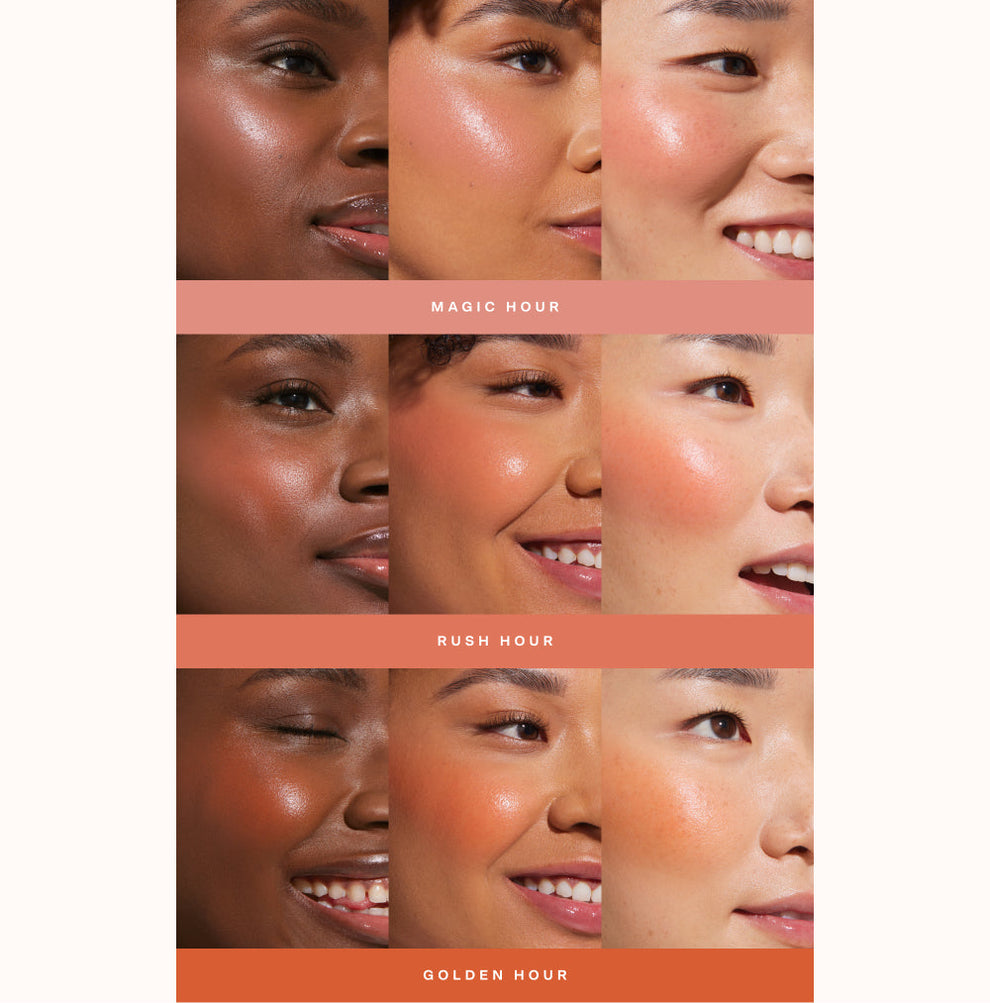 [Shared: A collage showing each of Tower 28 Beauty BeachPlease Cream Blush in Magic Hour, Rush Hour and Golden Hour on three different models with light, medium, and deep skin tones.