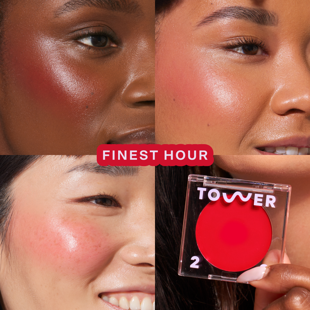 Finest Hour [A quad showing Tower 28 Beauty BeachPlease Cream Blush in Finest Hour on three different models with light, medium, and deep skin tones.]