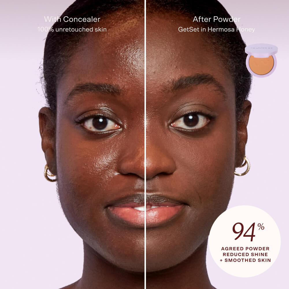 [Shared: 94% of users agreed that The Tower 28 Beauty GetSet Blur + Set Pressed Powder reduced their shine and smoothed skin.]