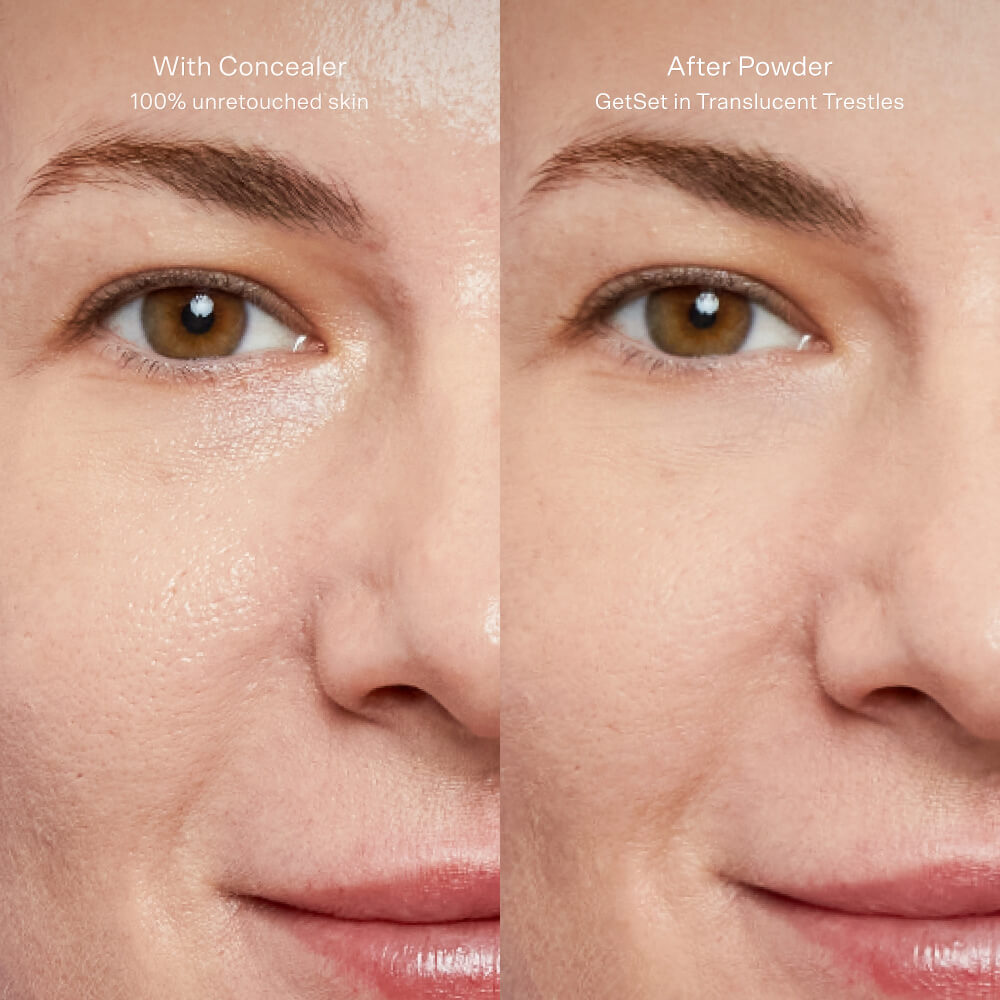 Shade: Translucent Trestles [The Tower 28 Beauty GetSet Blur + Set Pressed Powder’s effects are shown in this Before and After comparison in the shade Translucent Trestles.]