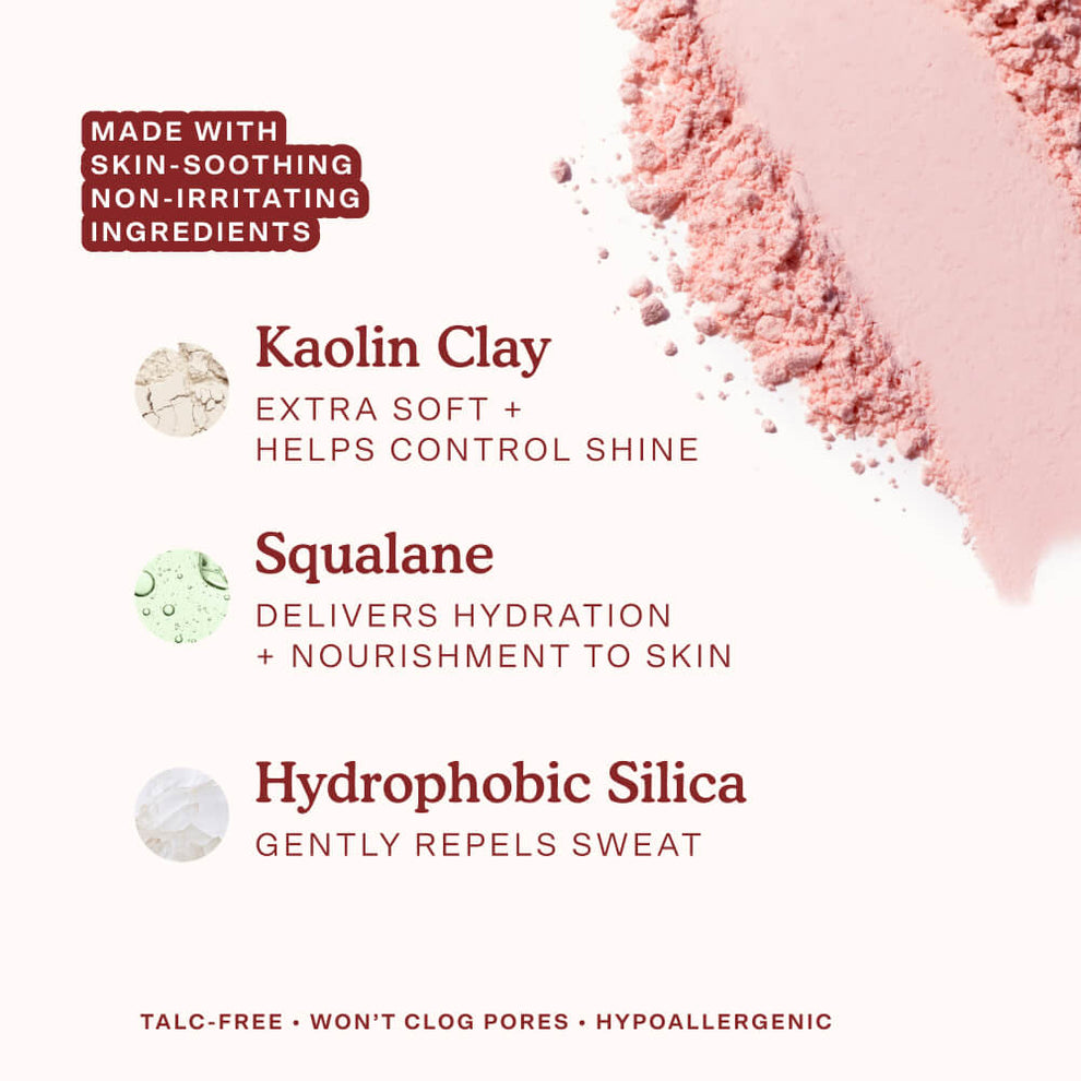 The Tower 28 Beauty GetSet Blur + Set Pressed Powder is made with skin-soothing ingredients such as Kaolin Clay, Squalane, and Hydrophobic Silica. Image features Palisades Pink.