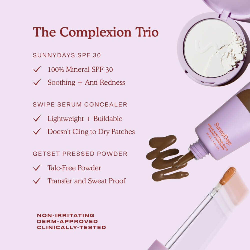 [Shared: The Complexion Trio features SunnyDays Tinted SPF 30, Swipe Serum Concealer, GetSet Pressed Powder, the GetSet Powder Puff Duo, and a limited edition tin.]