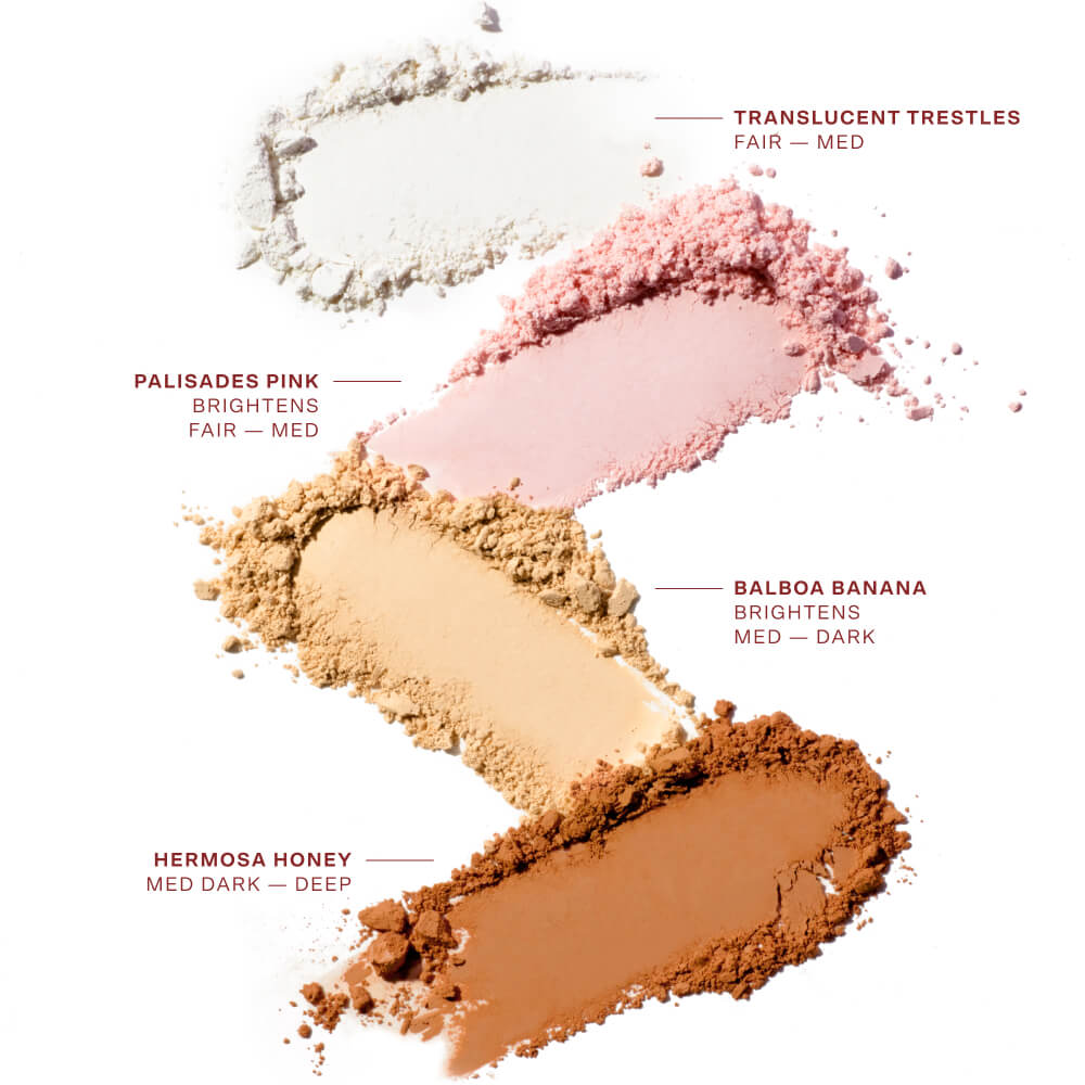 [Shared: All shades of GetSet Blur + Set Pressed Powder shown with Blurring and Brightening Options]