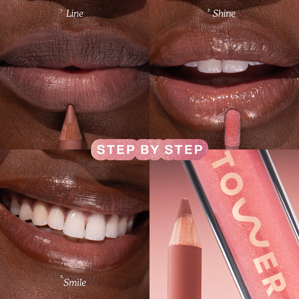 A model wearing the Tower 28 Beauty Line + Shine Lip Kit on her lips.