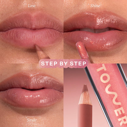 Shade: Iced Pistachio/Work of Art [A model wearing the Tower 28 Beauty Line + Shine Lip Kit on her lips.]