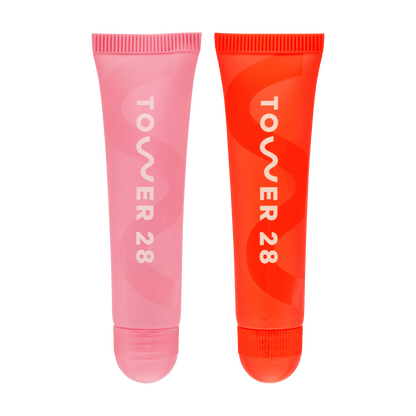 [Shared: Tower 28 Beauty  LipSoftie™ Date Night Duo pictured in Watermelon Kiwi and SOS Clear]