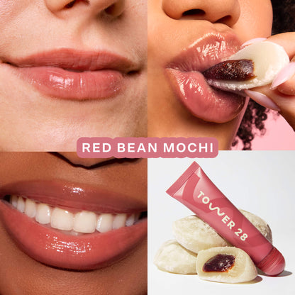 Red Bean Mochi [Tower 28 Beauty's LipSoftie® Lip Treatment in Red Bean Mochi applied on three different skin tones]