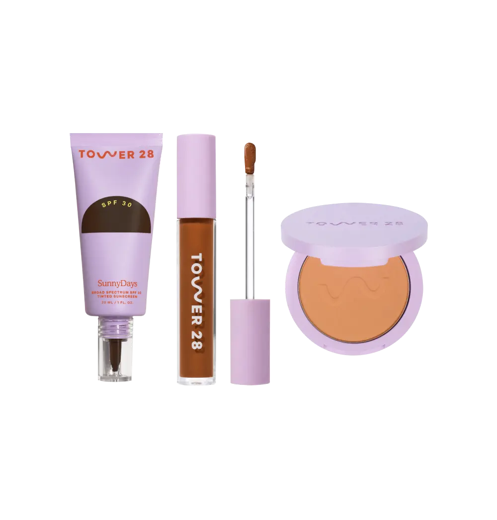 [Shared: The Complexion Trio features SunnyDays Tinted SPF 30, Swipe Serum Concealer, and GetSet Pressed Powder.]