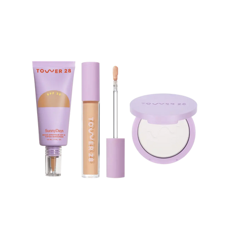 [Shared: The Complexion Trio features SunnyDays Tinted SPF 30, Swipe Serum Concealer, and GetSet Pressed Powder.]