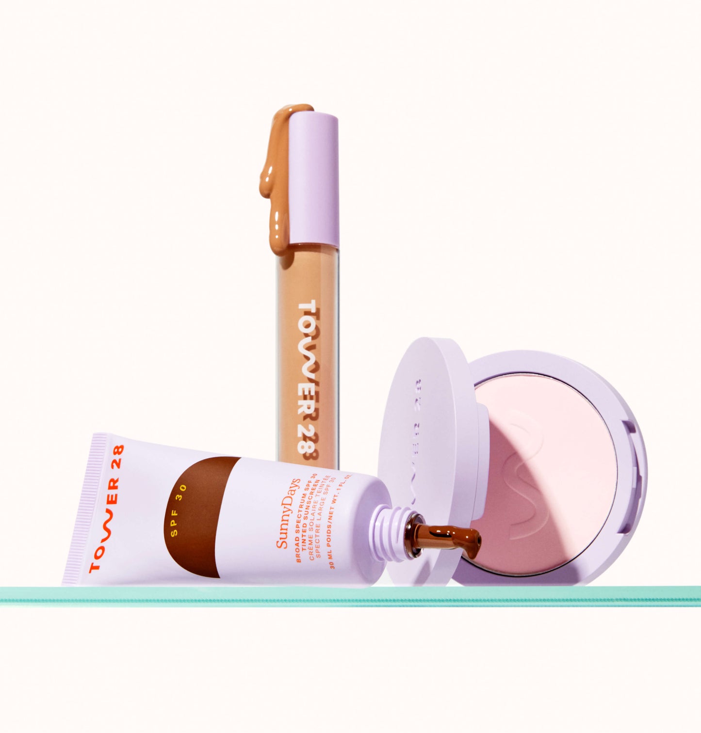 [Shared: The Complexion Trio features SunnyDays Tinted SPF 30, Swipe Serum Concealer, and GetSet Pressed Powder.]