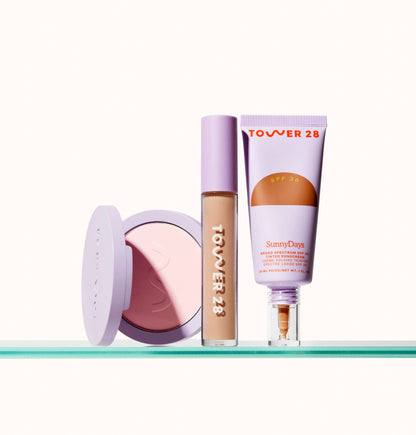 [Shared: The Complexion Trio features SunnyDays Tinted SPF 30, Swipe Serum Concealer, and GetSet Pressed Powder.]