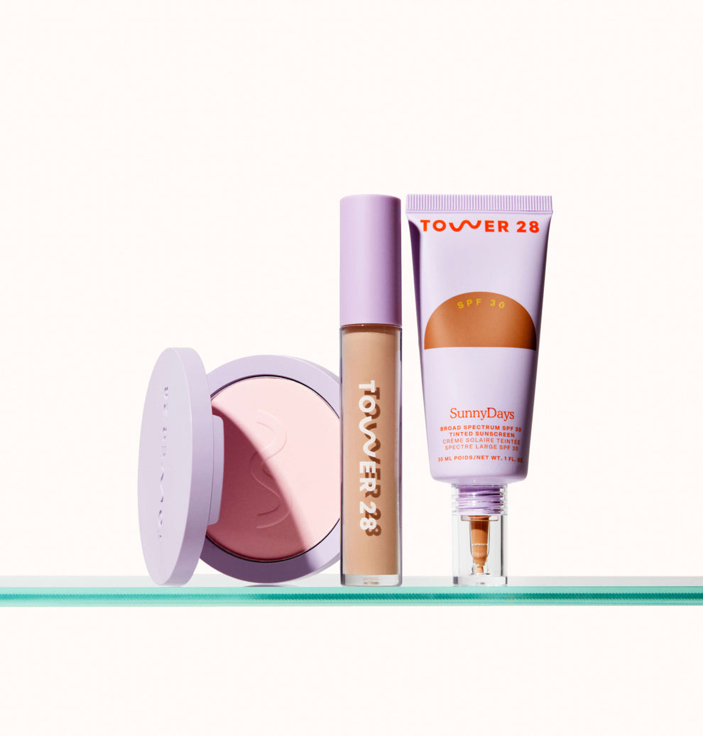 [Shared: The Complexion Trio features SunnyDays Tinted SPF 30, Swipe Serum Concealer, and GetSet Pressed Powder.