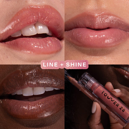 Shade: Iced Pistachio/Work of Art [A model wearing the Tower 28 Beauty Line + Shine Lip Kit on her lips.]