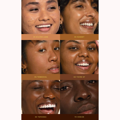 [Shade match chart showing 3 models wearing Tanshade of Tower 28 SunnyDays SPF 30 Tinted Sunscreen Foundation, including shades: 45 Silver Lake,50 Sunset,55 Temescal,60 Third St, 60 Third St,65 Topanga,70 Venice]