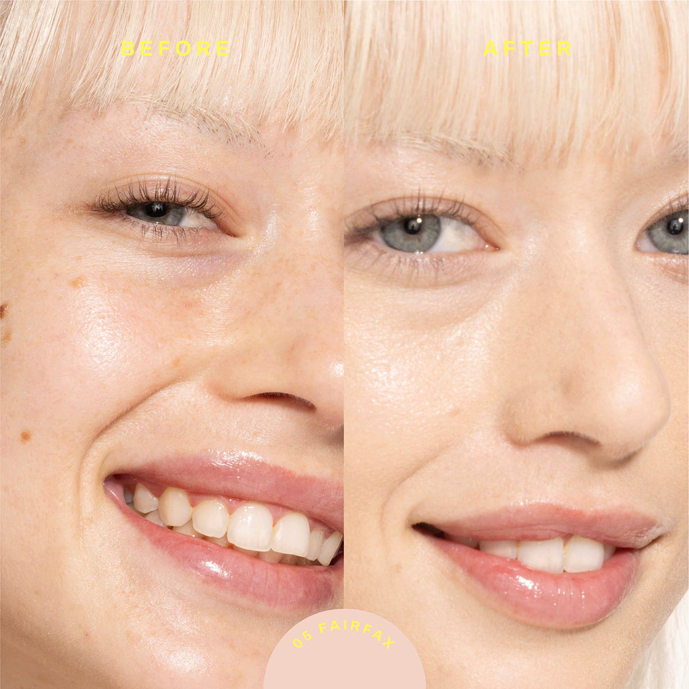 A model before (left image) and after (right image) applyingTower 28 Beauty SunnyDays™ Tinted SPF 30 in the shade 05 Fairfax