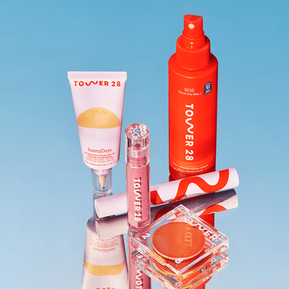 [Shared: Tower 28 Beauty Essentials Set featuring SOS Rescue Spray in 1 oz, SunnyDays SPF 30 Tinted Sunscreen, BeachPlease Cream Blush, ShineOn Lip Jelly, and MakeWaves Mascara]