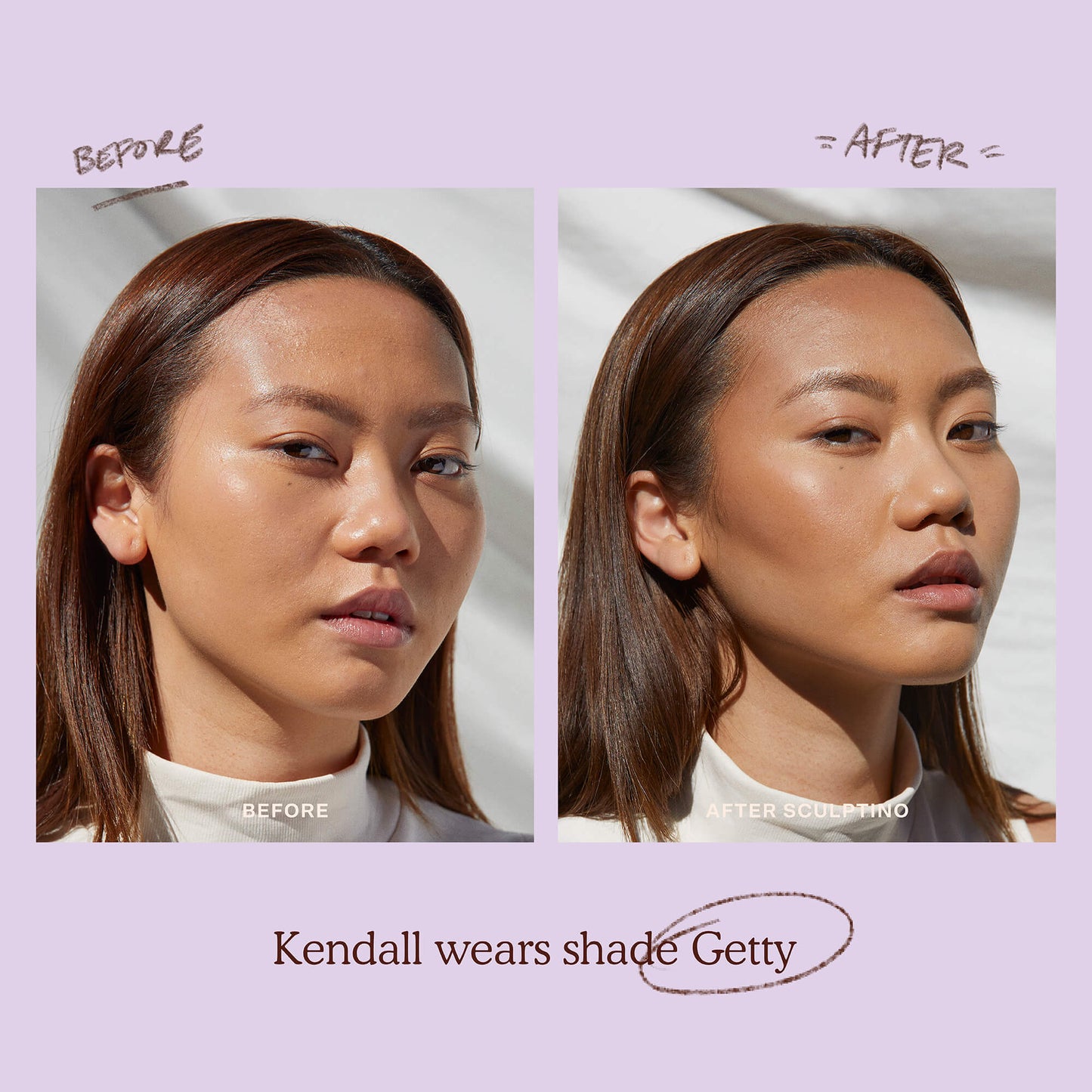 Shade: Getty [A model before and after applying the Tower 28 Beauty Sculptino™ Cream Contour in the shade Getty]