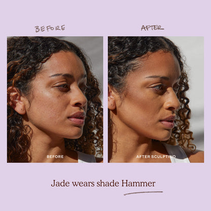 Shade: Hammer [A model before and after applying the Tower 28 Beauty Sculptino™ Cream Contour in the shade Hammer]