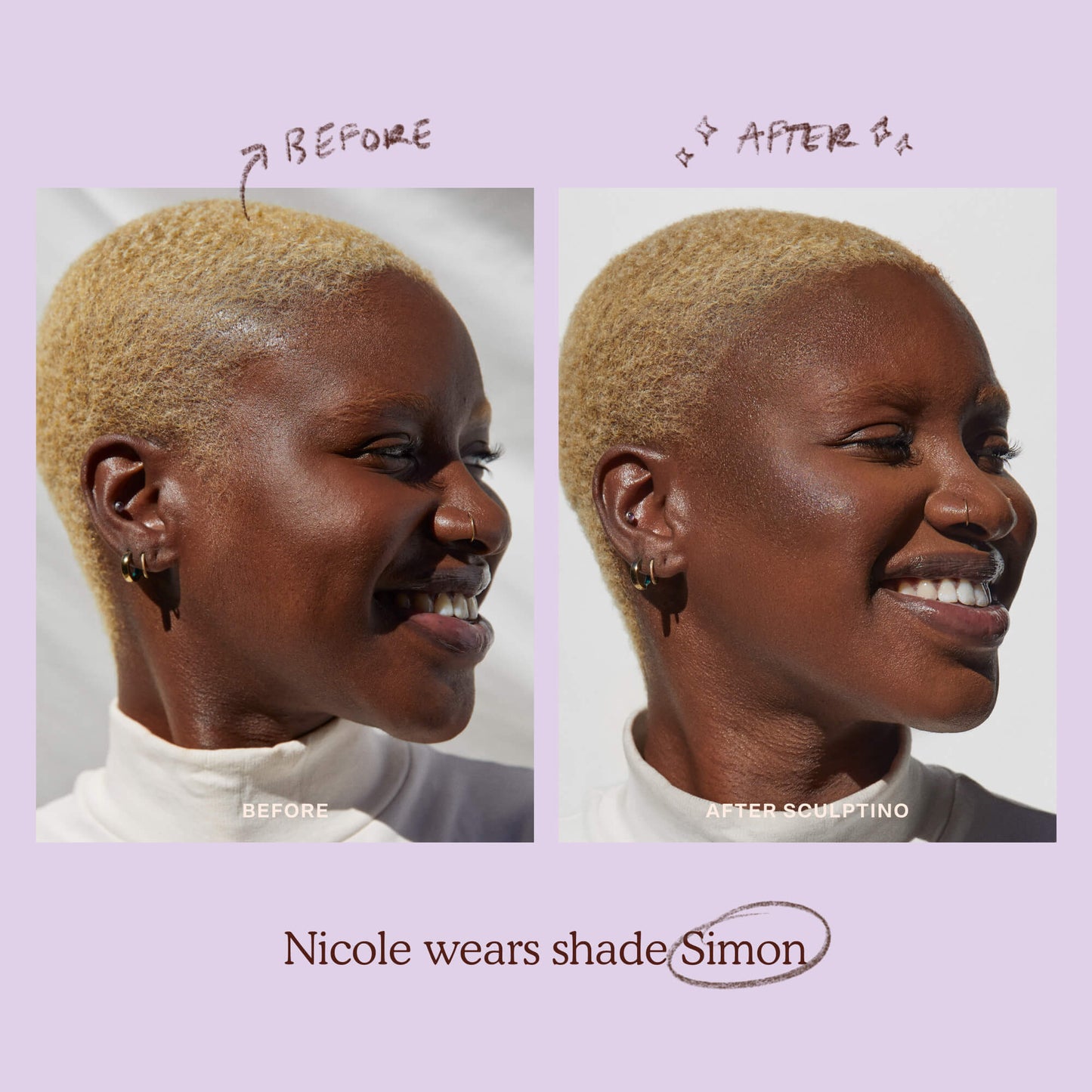 Shade: Simon [A model before and after applying the Tower 28 Beauty Sculptino™ Cream Contour in the shade Simon]