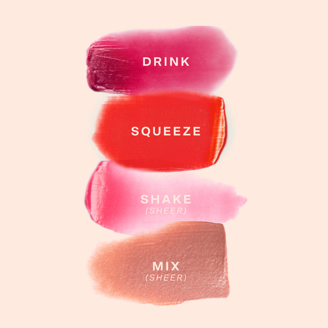 JuiceBalm Lip Balm [Shared: A swatch showing all four shades of Tower 28 Beauty's JuiceBalm: Drink, Shake, Mix, and Squeeze.]