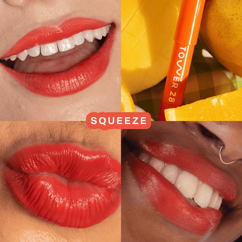 Tower 28 Beauty's JuiceBalm Lip Balm in the shade Squeeze on three different models