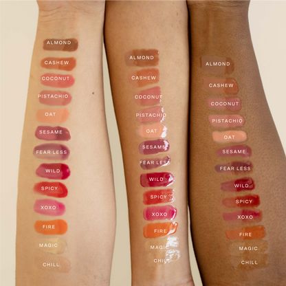 [Shared: All shades of the Tower 28 Beauty ShineOn Lip Jelly swatched on three different skin tones]