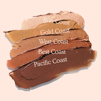 Bronzino™ Cream Bronzer available in five shades. [Shared: Close up of Tower 28 Beauty's five Bronzino™ Cream Bronzer shades]